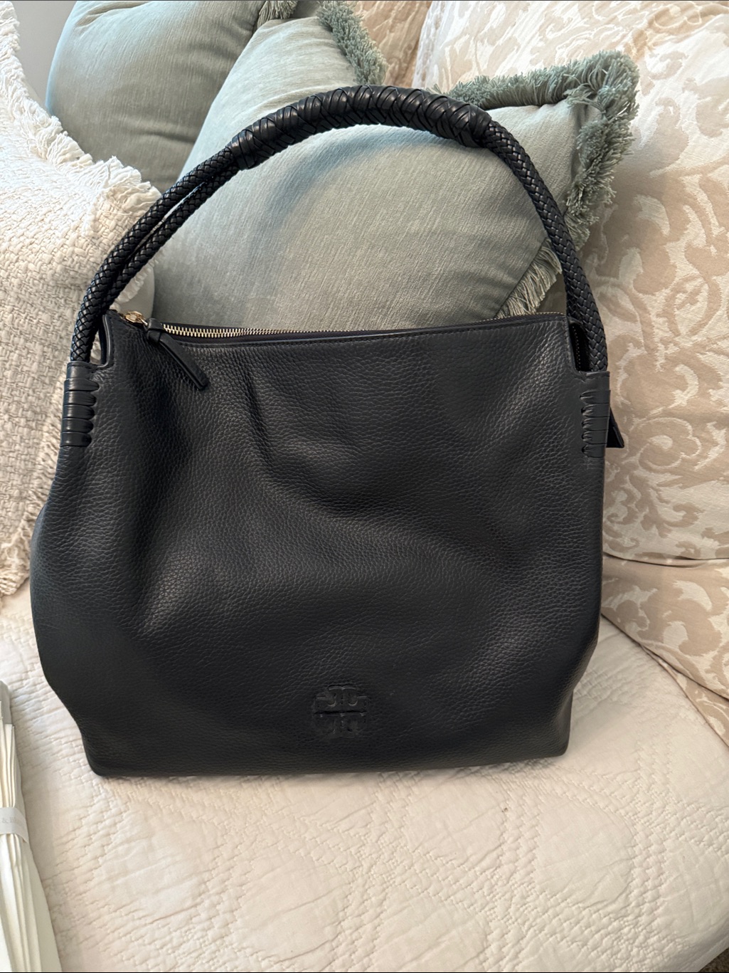 Tory Burch Black Pebbled Leather Hobo Bag With Braided Handle